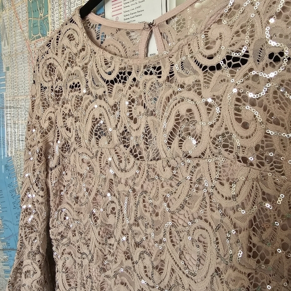 3 for $30! SALE Marina Lace Sequined Illusion Blush Sheath Bell Sleeve Dress - Picture 3 of 13